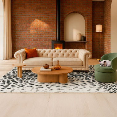 Tapis contemporain motif léopard noir et crème, installé dans un salon chic avec canapé beige