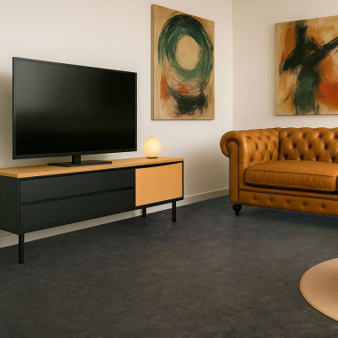 Sol vinyle District NY noir minéral, aspect béton vieilli déco loft new-yorkais