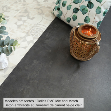 Association de sol Dalle PVC Mix and Match - Béton anthracite et carreaux de ciment beige clair