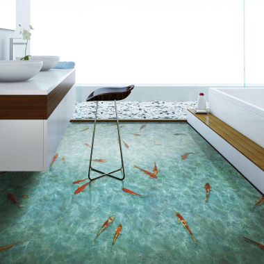 Sol Vinyle Textile – Relief 3D – Imprimé poisson Koï japonais apportant un décor aquatique unique à la salle de bain