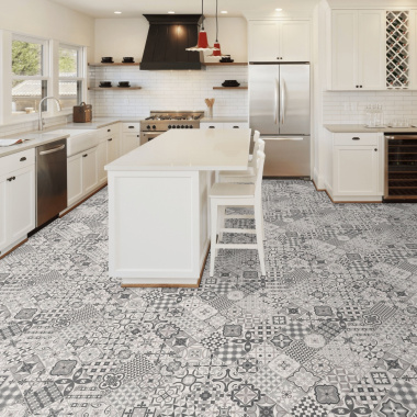 Sol décoratif Relief 3D Élise Monochrome, carreaux de ciment monochromes envers textile dans cuisine lumineuse