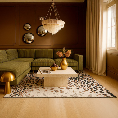Tapis léopard déco avec canapé vert et murs chocolat