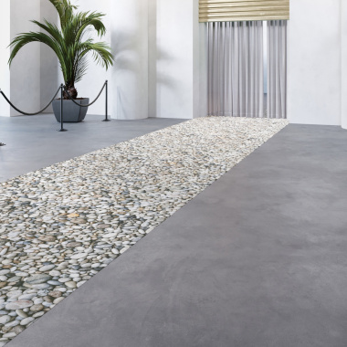 Moquette Stand imprimée Galets – allée scénographique chic pour showroom ou défilé