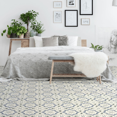 Sol Vinyle Textile Rénove - Effet carreaux de ciment arabesques bleu et gris - Chambre