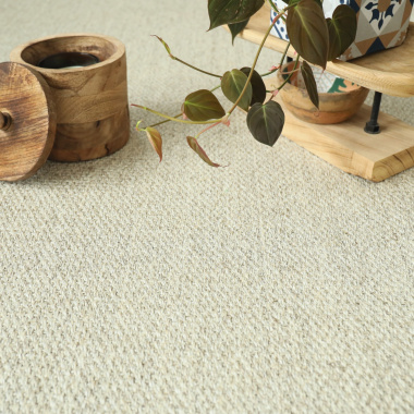 Ambiance déco naturelle sur le sol en sisal Tulum blanchi avec boîte en bois et plante