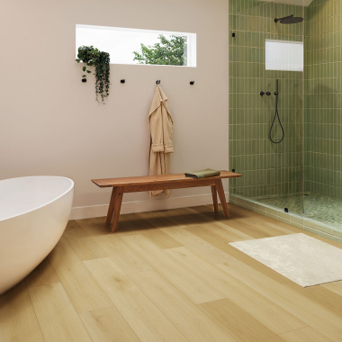 Sol clipsable Parquet vinyle rigide Ultime Forest dans une salle de bain lumineuse