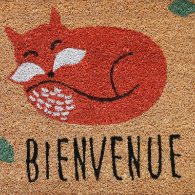 Paillasson Coco 45 x 75 cm Renard détail du motif renard et fibres naturelles de coco, paillasson anti-poussière avec dossier PVC