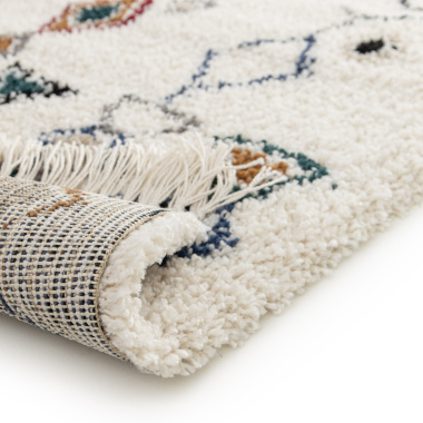 Tapis motif berbère à franges - Empreinte du désert - Bleu touareg, camel - envers