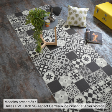 Association de dalles PVC Click 5G Mix and Match : Carreaux de ciment et Acier vintage