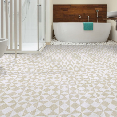 Salle de bain épurée avec Sol Vinyle Textile - Relief 3D - Carrelage scandinave géométrique - Nude, motif triangulaire nude
