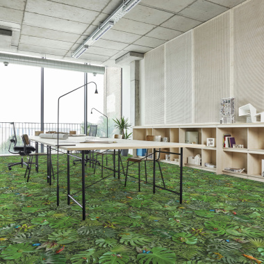 Tapis sur mesure vinyle textile à effet relief 3D motif tropical, posé dans un espace de travail design