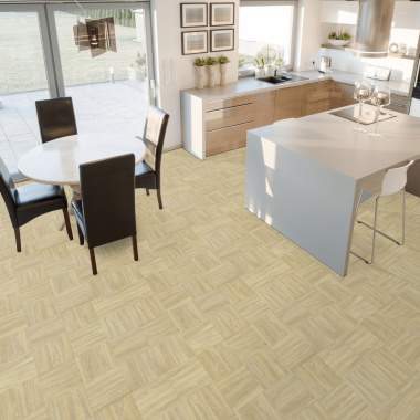 Tapis sur mesure vinyle motif parquet chêne clair dans cuisine et salle à manger