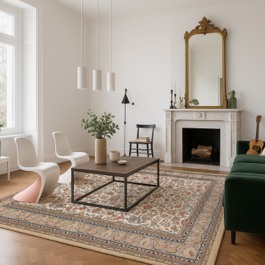 Tapis Mamie in love corail doux dans un salon lumineux avec cheminée et canapé vert