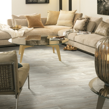 Sol Vinyle Textile Grande largeur - Aspect parquet chêne blanchi - salon