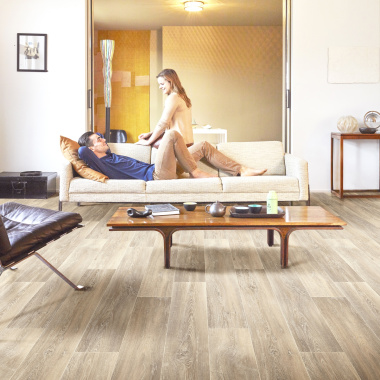 Sol Vinyle Envers Textile Harmonie - Aspect parquet chêne lin cérusé - salon