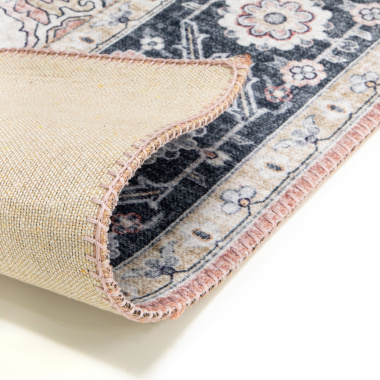 Tapis doux à motif oriental - Yasmine - Bleu nuit et rose - envers