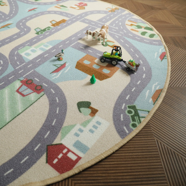 Tapis rond de jeu enfant circuit de voiture campagne - chambre enfant