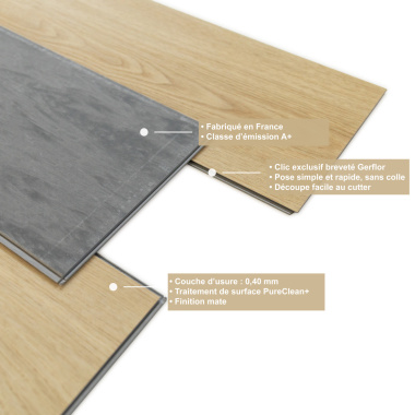Lame vinyle - Gerflor Senso Clic 3 - Scandinav light avec vue éclatée expliquant sa conception multicouche