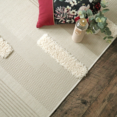 Tapis en relief géométrique - Salvador - Lignes écru et beige naturel - Vue de haut