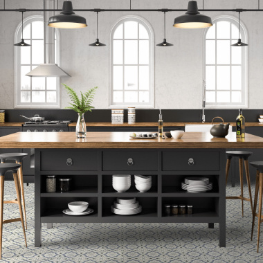 Sol Vinyle Textile Rénove - Effet carreaux de ciment arabesques bleu et gris - Cuisine