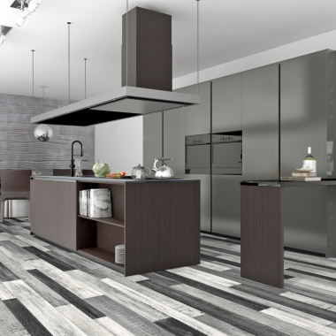 Sol Vinyle Link Plus - Imitation parquet noir et blanc - Surface brillante - cuisine