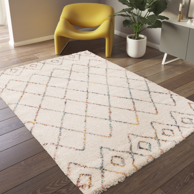 Tapis motif berbère - Ouna - Écru et losanges multicolore - salon