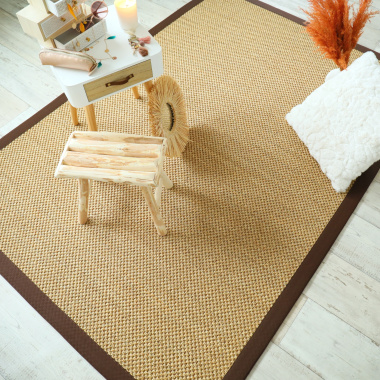 Tapis sisal naturel grosses boucles Chaume - finition marron - salon