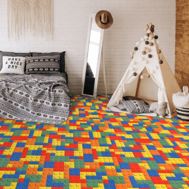 Chambre enfant décorée avec tapis vinyle sur mesure - motif Puzzle jeu de briques multicolore