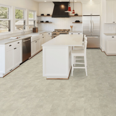 Sol Vinyle Textile Grande largeur - Carrelage pierre naturelle - Travertin crème - Cuisine