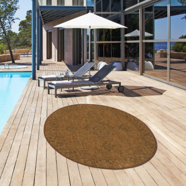 Tapis rond d'intérieur ou d'extérieur aspect naturel - Kira - Camel - terrasse