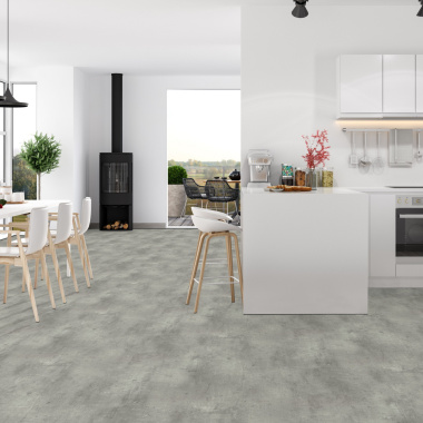 Sol Vinyle Textile Black Edition - Aspect béton griffé - Gris clair - Cuisine ouverte