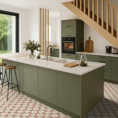 Tapis graphique terracotta et crème dans cuisine verte avec îlot central