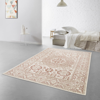 Tapis à motif oriental en tissus chenille recyclé - Janah - Crème et rouge brique - salon