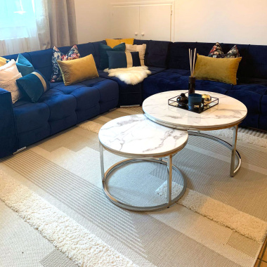 Tapis en relief géométrique - Salvador - Lignes écru et beige naturel - Ambiance Salon