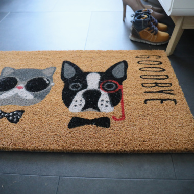 Paillasson Coco 45 x 75 cm Chat et Chien dans une scène d’entrée du quotidien, paillasson anti-poussière en fibres naturelles de coco