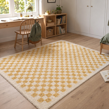 Tapis damier à poils longs Colorama - Jaune rétro apportant douceur et chaleur à une chambre d'enfant ou d'adolescent