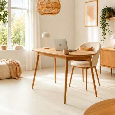 Sol Vinyle Essentiel Color Uni blanc cassé dans une salle à manger lumineuse au style scandinave