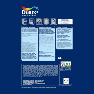Dulux Valentine Le Blanc Finition Parfaite - Résultat excellent - Satin Blanc - étiquette arrière