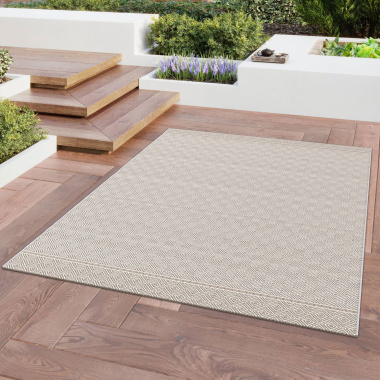 Tapis Prisma Beige motif losanges, déco chic pour terrasse en bois