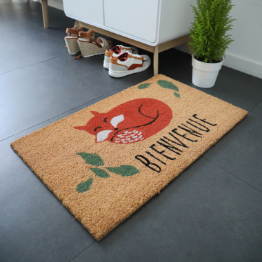 Paillasson Coco 45 x 75 cm Renard installé devant un meuble d’entrée, dossier PVC, paillasson anti-poussière résistant au grattage