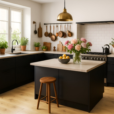 Ambiance conviviale dans la cuisine avec le parquet vinyle rigide clipsable Ultime Old Brown en lames XXL