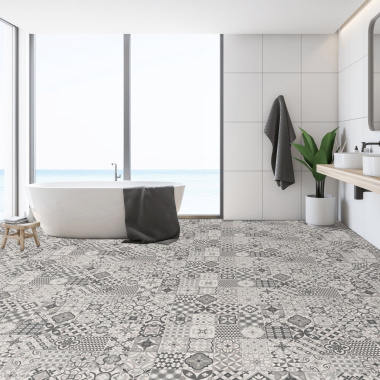 Sol Vinyle Textile Relief 3D Élise Monochrome dans salle d’eau face à la mer