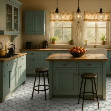 ol Vinyle Mood - Atelier Bauhaus - Vert dans une cuisine aux meubles bleu pastel