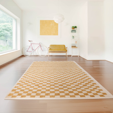 Tapis damier à poils longs - Colorama - Jaune rétro - salon
