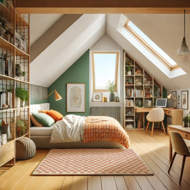 Tapis à poils longs Colorama Rose vintage dans une chambre mansardée lumineuse