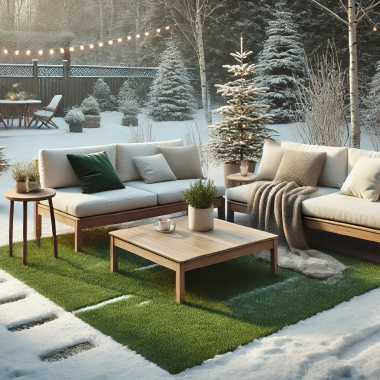 Mise en scène hivernale du tapis sur mesure villandry sur une terrasse, résistant aux intempéries