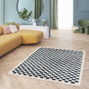 Tapis damier à poils longs - Colorama - Bleu pétrole - salon