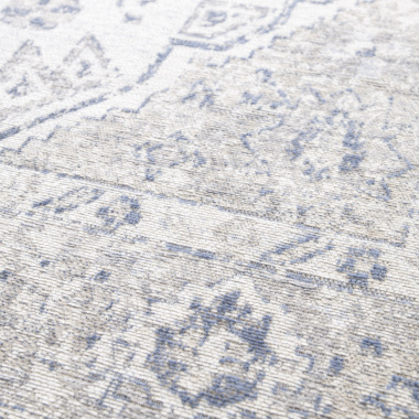 Tapis à motif oriental en tissus chenille recyclé - Yanis - Gris et bleu - gros plan