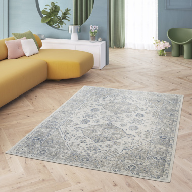 Tapis à motif oriental en tissus chenille recyclé - Yanis - Gris et bleu - salon