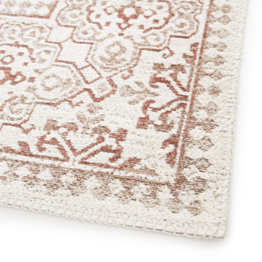 Tapis à motif oriental en tissus chenille recyclé - Janah - Crème et rouge brique - coin